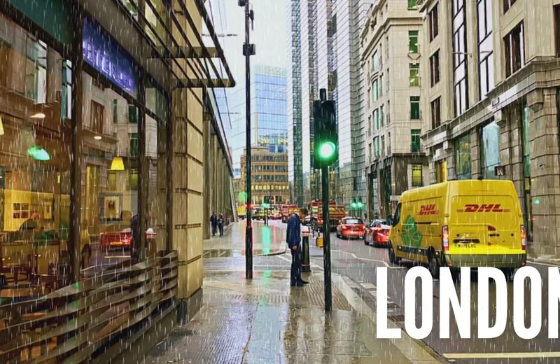 Experience the Ambiance of London Financial District in the Rain: A Walking Tour in 4K HDR